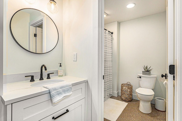 2377 Lake Birch Ct NE, Grand Rapids, MI 49525 - bathroom with vanity, speckled floor, recessed lighting, and a shower with shower curtain