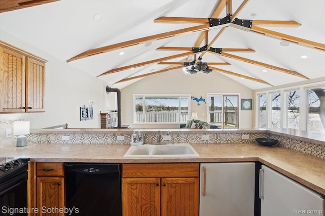 3806 Island Park Dr, Waterford, MI 48329 - kitchen with black appliances, tasteful backsplash, recessed lighting, light countertops, and brown cabinets
