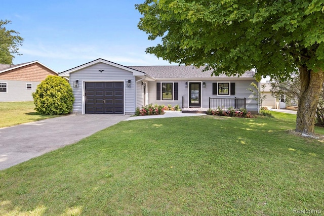 3133 Bull Dog Ln, Farwell, MI 48622 - ranch-style house with an attached garage, a front yard, concrete driveway, and covered porch