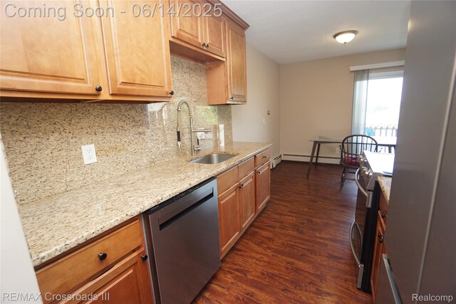 250 N Liberty St Unit 310, Belleville, MI 48111 - kitchen featuring appliances with stainless steel finishes, decorative backsplash, dark wood finished floors, light stone countertops, and a baseboard radiator