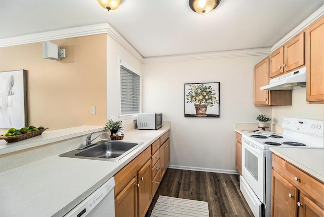 2756 Barclay Way, Ann Arbor, MI 48105 - kitchen with white appliances, under cabinet range hood, dark wood-style floors, light countertops, and crown molding