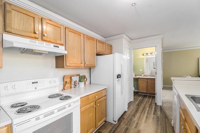 2756 Barclay Way, Ann Arbor, MI 48105 - kitchen featuring white appliances, under cabinet range hood, ornamental molding, dark wood-style floors, and light countertops