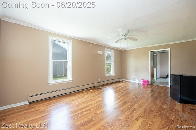 24231 Coolidge Hwy, Oak Park, MI 48237 - unfurnished room featuring a baseboard heating unit, wood finished floors, crown molding, and a ceiling fan