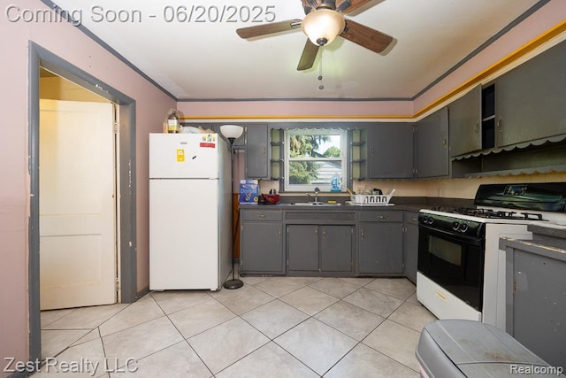 24231 Coolidge Hwy, Oak Park, MI 48237 - kitchen featuring freestanding refrigerator, gas stove, dark countertops, open shelves, and a ceiling fan