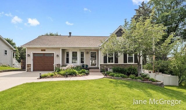 15159 Westray St, Grand Haven, MI 49417 - view of front of house with stone siding, concrete driveway, a garage, and a shingled roof