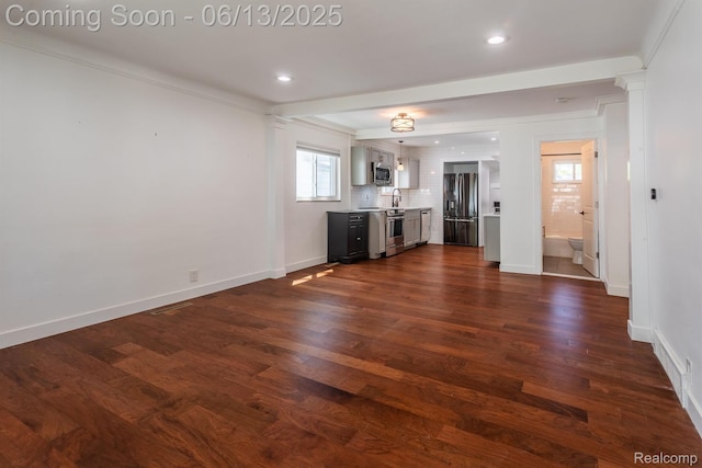 1904 Academy St, Ferndale, MI 48220 - unfurnished living room with dark wood finished floors, crown molding, and recessed lighting
