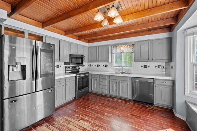 2144 Stanford Dr SE, Kentwood, MI 49508 - kitchen featuring stainless steel appliances, gray cabinetry, a wood ceiling with exposed beams, tasteful backsplash, and dark wood-type flooring