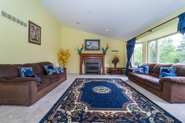 5992 Cedar Ridge Dr, Ann Arbor, MI 48103 - living room featuring carpet, a fireplace, vaulted ceiling, and recessed lighting