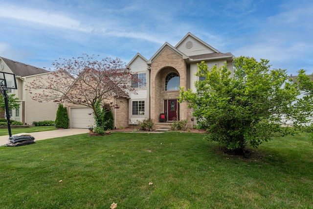 5992 Cedar Ridge Dr, Ann Arbor, MI 48103 - traditional-style home featuring driveway, brick siding, a front lawn, and an attached garage