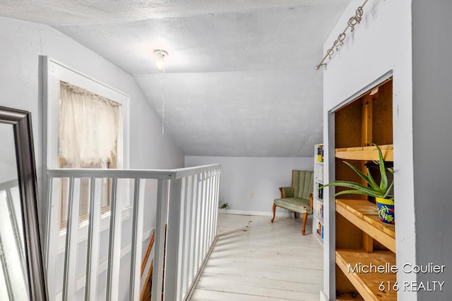 626 Academy St, Portland, MI 48875 - hallway featuring lofted ceiling, wood finished floors, and a textured ceiling