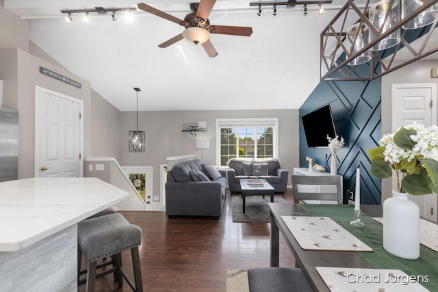 647 Maynard NW, Grand Rapids, MI 49504 - living area featuring lofted ceiling, rail lighting, dark wood-style floors, and a ceiling fan