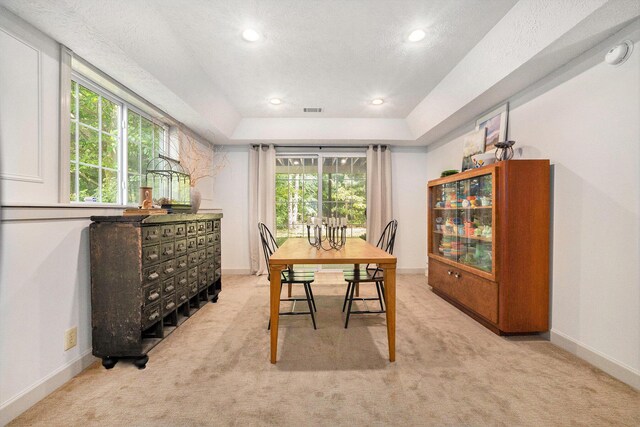 2975 Pine Edge Ct, Holland, MI 49424 - dining space with light carpet, a tray ceiling, recessed lighting, and a textured ceiling
