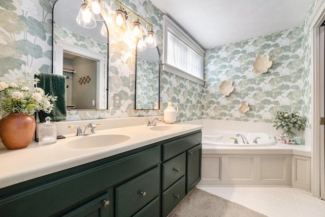 2975 Pine Edge Ct, Holland, MI 49424 - full bathroom featuring wallpapered walls, a garden tub, tile patterned floors, and double vanity