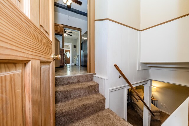 620 Vann St, Niles, MI 49120 - stairs featuring ceiling fan, carpet flooring, and a decorative wall