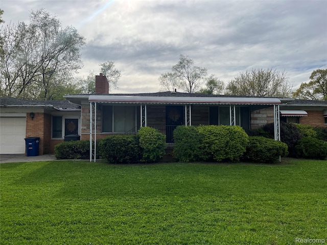 20121 Woodingham Dr, Detroit, MI 48221 - single story home featuring an attached garage, a front lawn, a chimney, and stone siding