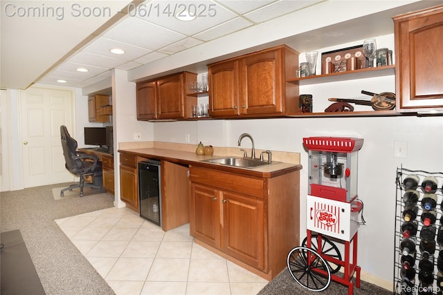 36780 Chesapeake Rd, Farmington Hills, MI 48335 - kitchen featuring beverage cooler, brown cabinetry, open shelves, recessed lighting, and a desk