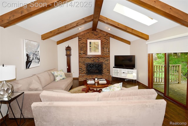 36780 Chesapeake Rd, Farmington Hills, MI 48335 - living room with dark wood-style flooring, a brick fireplace, and a skylight