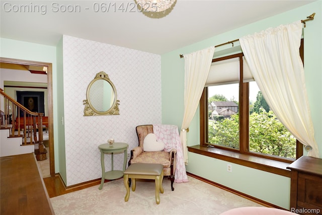 36780 Chesapeake Rd, Farmington Hills, MI 48335 - living area with stairway, wallpapered walls, and wood finished floors