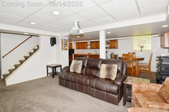 36780 Chesapeake Rd, Farmington Hills, MI 48335 - carpeted living room featuring stairway, recessed lighting, bar area, and a drop ceiling