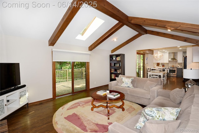 36780 Chesapeake Rd, Farmington Hills, MI 48335 - living area with a chandelier, a skylight, healthy amount of natural light, dark wood-style flooring, and recessed lighting