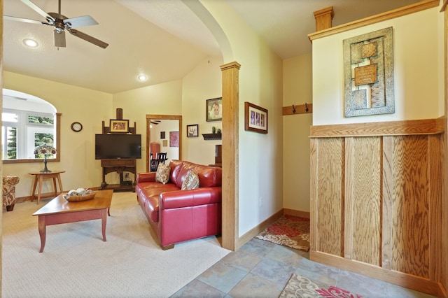 10317 Lange Rd, Birch Run, MI 48415 - living area with arched walkways, ceiling fan, vaulted ceiling, and recessed lighting