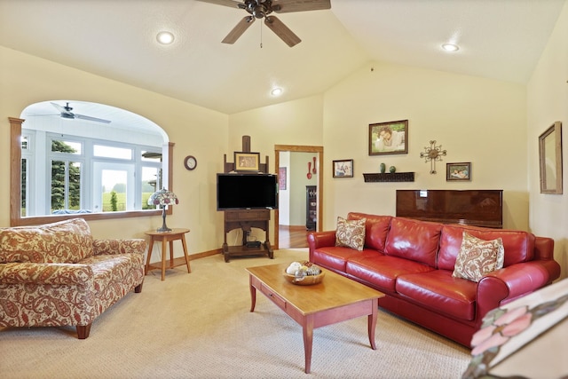10317 Lange Rd, Birch Run, MI 48415 - living room featuring a ceiling fan, arched walkways, lofted ceiling, light carpet, and recessed lighting