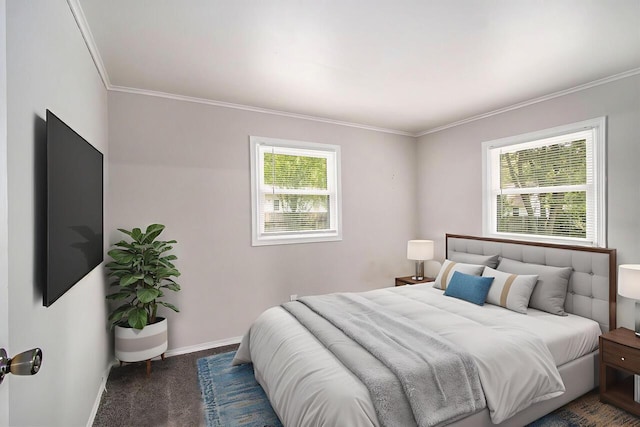 51591 Oak Dr, Mattawan, MI 49071 - bedroom featuring ornamental molding and dark carpet