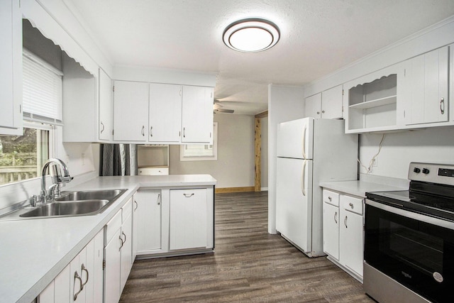 51591 Oak Dr, Mattawan, MI 49071 - kitchen featuring stainless steel electric range, freestanding refrigerator, light countertops, and dark wood-style floors