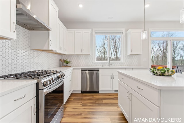 1753 Portadown Rd, Byron Center, MI 49315 - kitchen featuring stainless steel appliances, wall chimney exhaust hood, light countertops, light wood-style floors, and white cabinetry