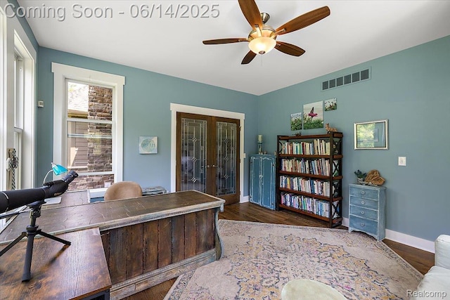 5432 Blood Rd, Metamora, MI 48455 - office with french doors, a ceiling fan, and wood finished floors
