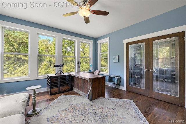 5432 Blood Rd, Metamora, MI 48455 - home office with french doors, a ceiling fan, and wood finished floors