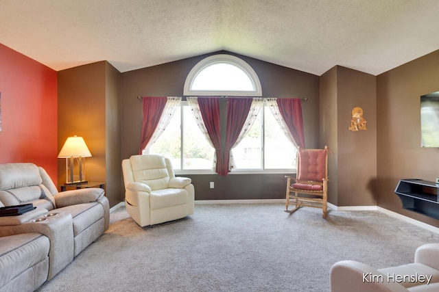 7088 Quintara Dr NE, Comstock Park, MI 49321 - carpeted living area with vaulted ceiling and a textured ceiling