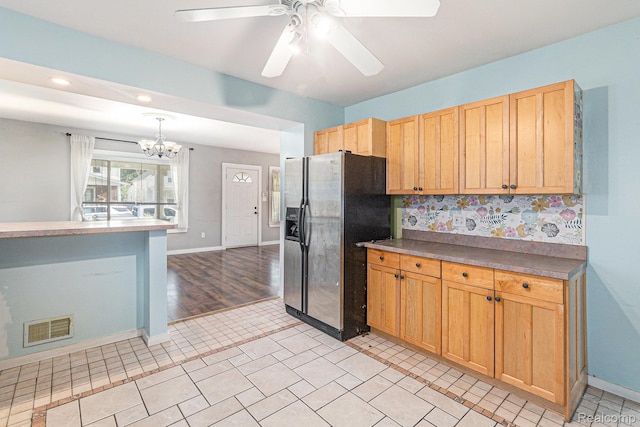 92 Gallup St, Mount Clemens, MI 48043 - kitchen featuring stainless steel refrigerator with ice dispenser, a chandelier, a ceiling fan, pendant lighting, and recessed lighting