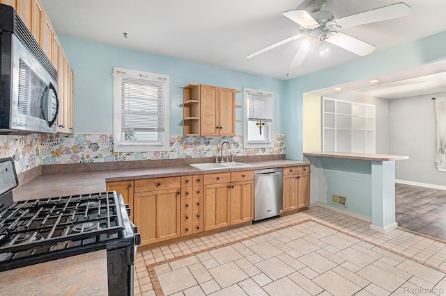 92 Gallup St, Mount Clemens, MI 48043 - kitchen with stainless steel appliances, a ceiling fan, open shelves, and light brown cabinets