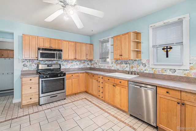 92 Gallup St, Mount Clemens, MI 48043 - kitchen with appliances with stainless steel finishes, light brown cabinetry, open shelves, and a ceiling fan