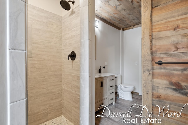 612 E Green St, Hastings, MI 49058 - full bathroom with tiled shower, wood ceiling, and vanity