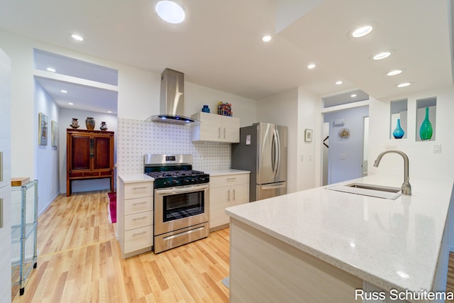 1366 W Norton Ave, Muskegon, MI 49441 - kitchen featuring stainless steel appliances, exhaust hood, light wood-style flooring, white cabinets, and backsplash