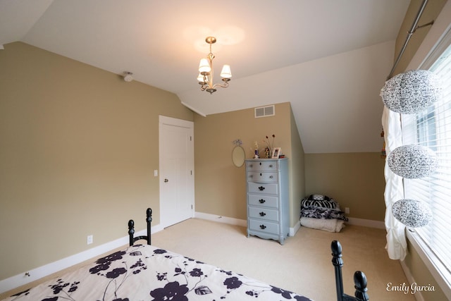 14921 Creek Edge Dr, Holland, MI 49424 - unfurnished bedroom featuring vaulted ceiling, carpet floors, and a chandelier