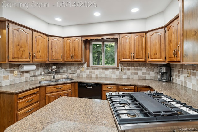 5614 Warbler Dr, Clarkston, MI 48346 - kitchen with dishwasher, stainless steel gas cooktop, brown cabinets, tasteful backsplash, and recessed lighting