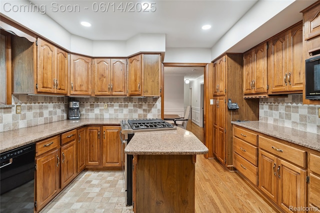 5614 Warbler Dr, Clarkston, MI 48346 - kitchen with dishwasher, brown cabinets, backsplash, light stone countertops, and recessed lighting