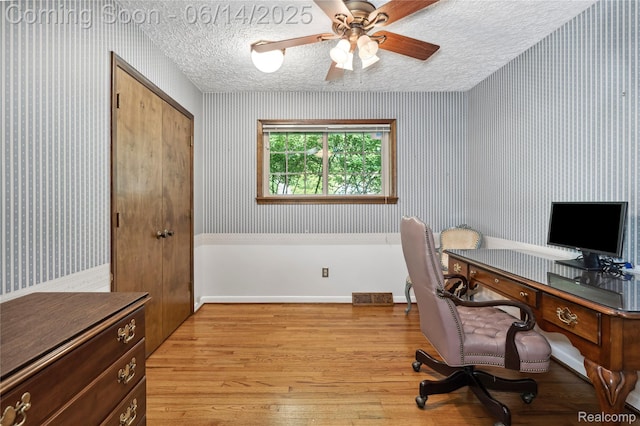 5614 Warbler Dr, Clarkston, MI 48346 - office area featuring wallpapered walls, light wood finished floors, a ceiling fan, and a textured ceiling