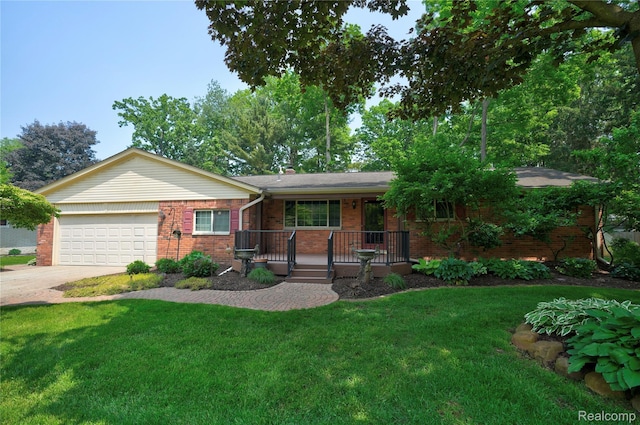 5614 Warbler Dr, Clarkston, MI 48346 - ranch-style house with covered porch, brick siding, a garage, a front lawn, and concrete driveway