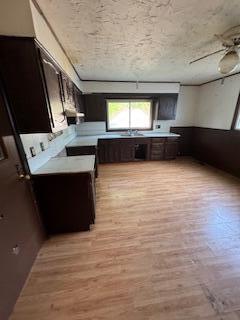 313 Morse St, Ionia, MI 48846 - kitchen with dark brown cabinets, light wood-type flooring, light countertops, and a ceiling fan