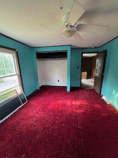 313 Morse St, Ionia, MI 48846 - unfurnished bedroom featuring dark carpet and a ceiling fan