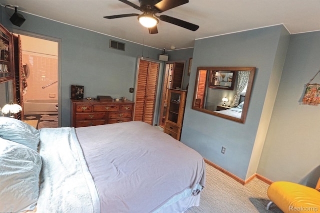 33566 Rhonswood St, Farmington Hills, MI 48335 - bedroom with carpet, connected bathroom, ceiling fan, and a closet