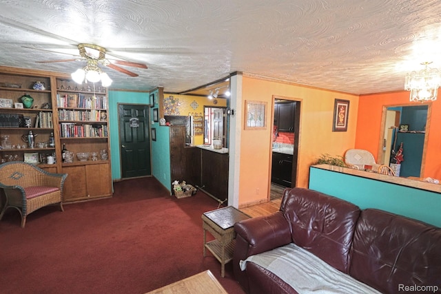 33566 Rhonswood St, Farmington Hills, MI 48335 - living area with ornamental molding, ceiling fan, carpet floors, and a chandelier
