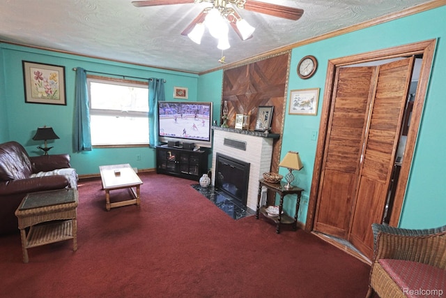 33566 Rhonswood St, Farmington Hills, MI 48335 - carpeted living room featuring ceiling fan, a fireplace, ornamental molding, and a textured ceiling
