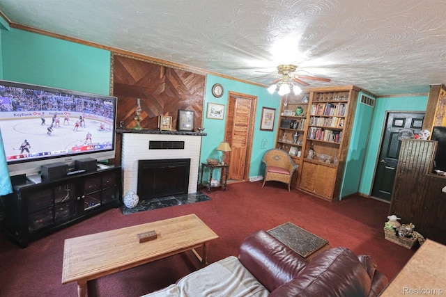 33566 Rhonswood St, Farmington Hills, MI 48335 - living room featuring carpet floors, a ceiling fan, crown molding, and a fireplace