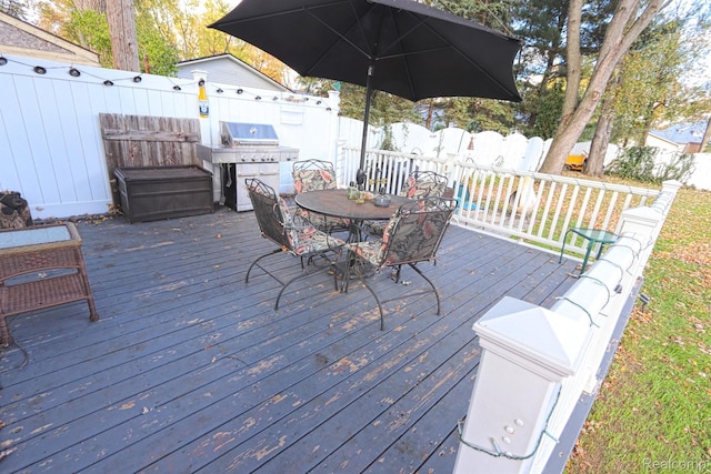 33566 Rhonswood St, Farmington Hills, MI 48335 - wooden terrace with a fenced backyard, area for grilling, and outdoor dining area