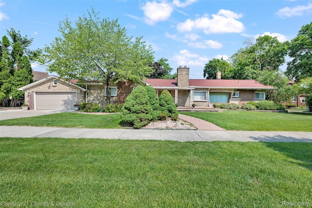 7561 Esper Blvd, Dearborn, MI 48126 - ranch-style home featuring a chimney, a front lawn, concrete driveway, an attached garage, and a metal roof
